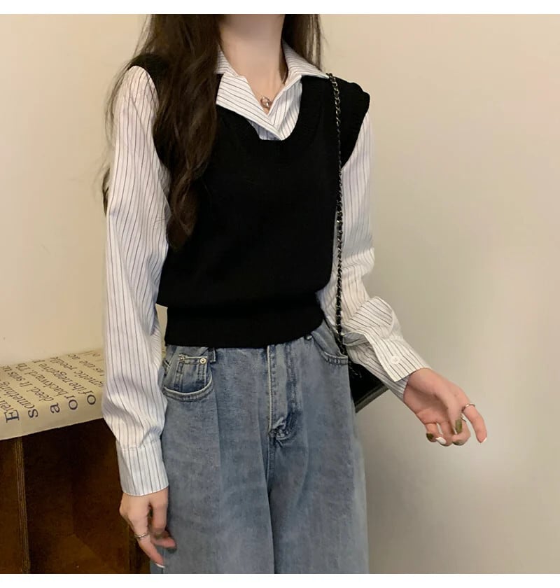 【tops】POLOネック切り替えニットトップス　N2834