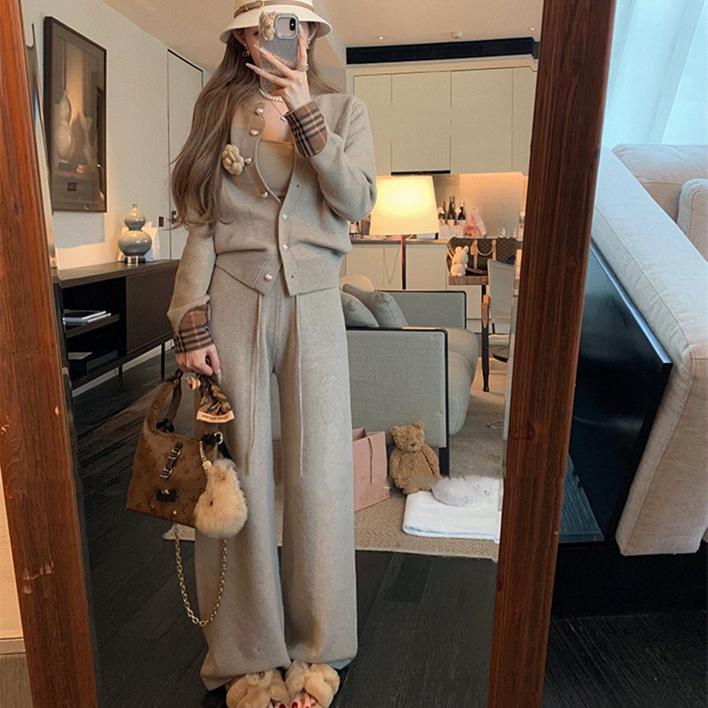 【set】チェック柄切り替えニットカーディガン×ワイドパンツセット　N3307