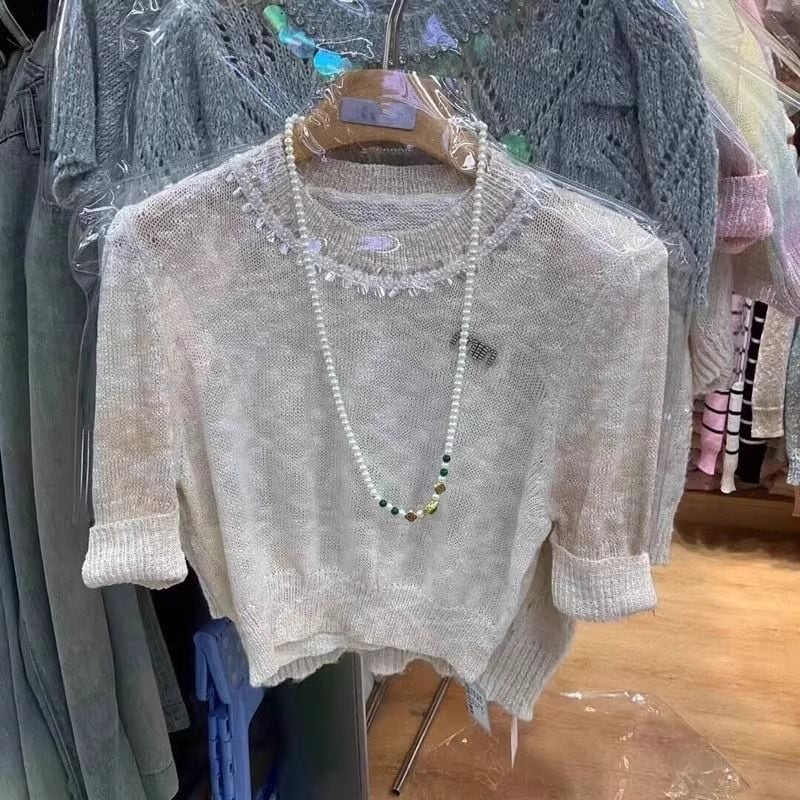 【tops】ラウンドネックニットTシャツF7149