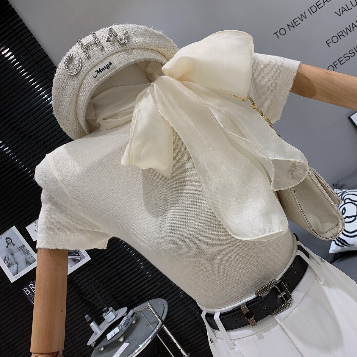 【tops】リボン付きニットTシャツ　M29886