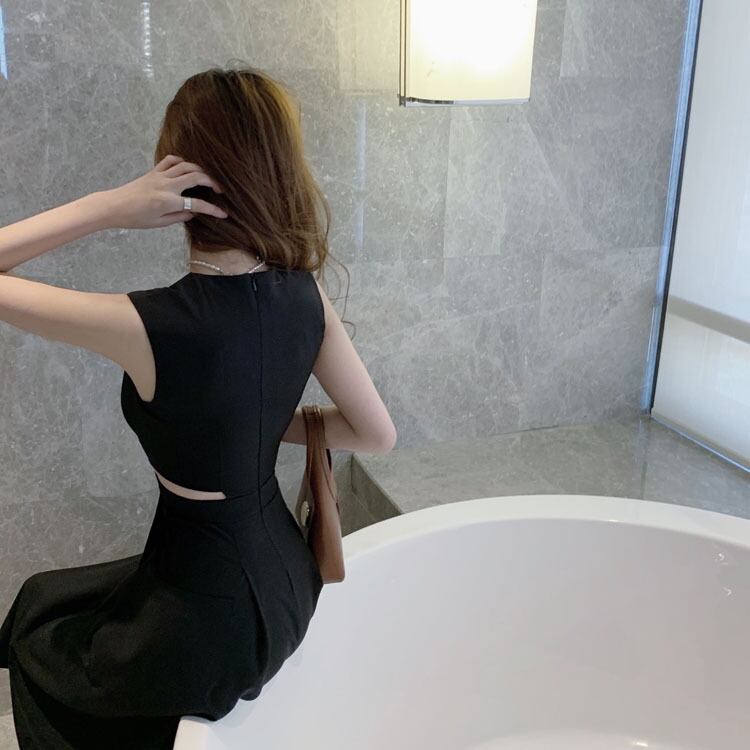 【dress】韓国ファッション海旅行ラウンドネック無地ノースリーブ着やせワンピースF0322