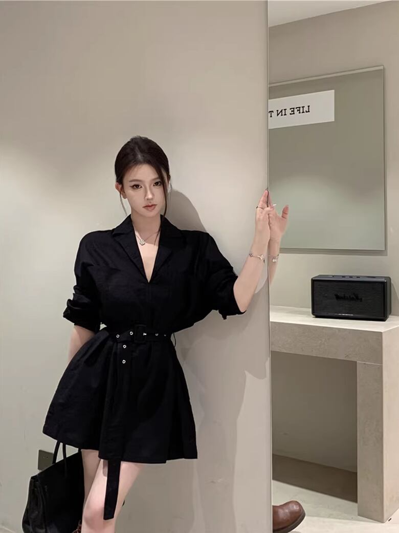 【dress】ベルト付きミニシャツワンピース Q8383
