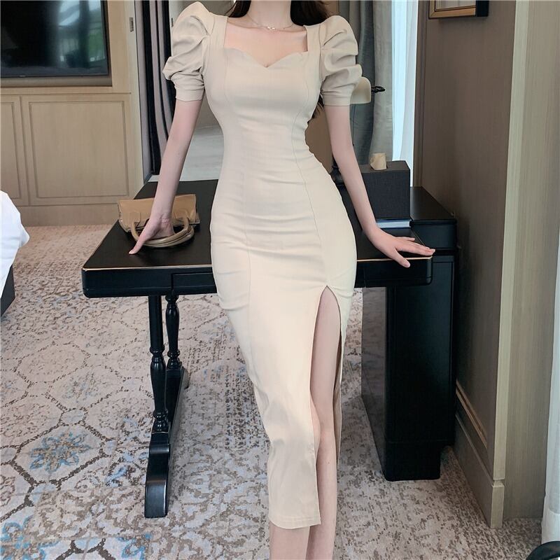 【dress】韓流スタイル!気質満点レトロフランス風パフスリーブ体型カバー着痩せスリットワンピース G6597