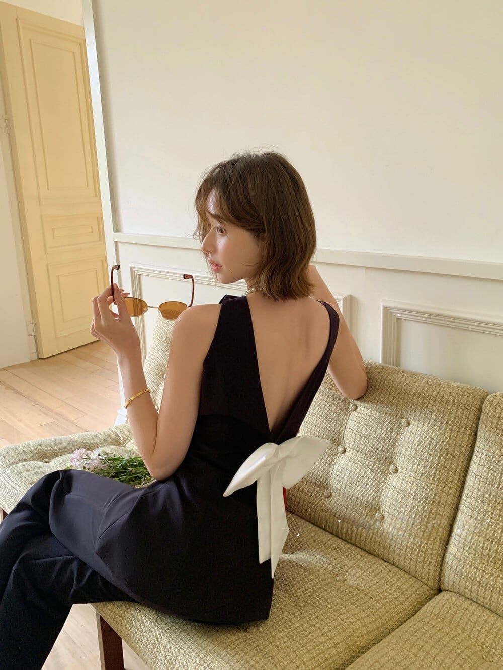 【set】バックリボンノースリーブトップス×フレアパンツセット N3572