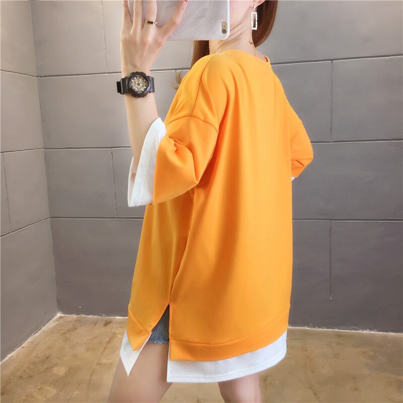 【tops】ラウンドネック半袖カジュアル偽二つ切り替え配色着まわしTシャツ