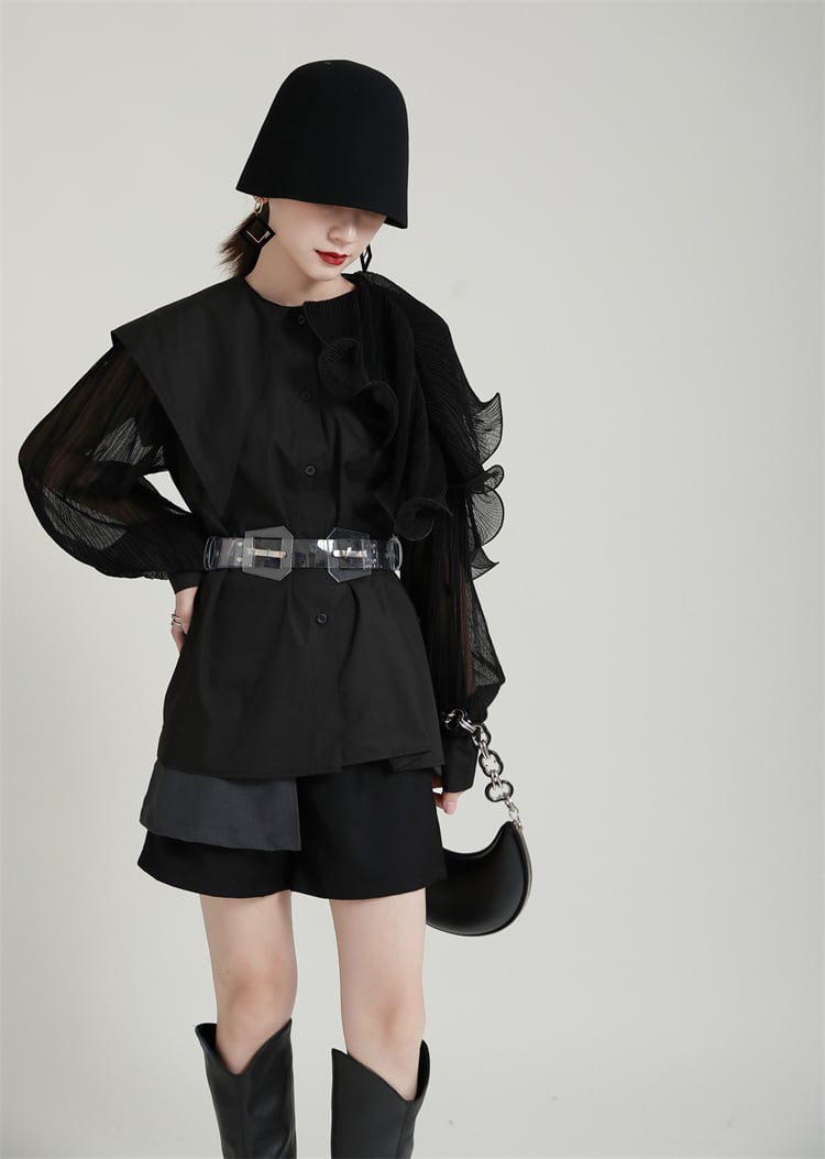 【tops】フリル不規則 イレギュラーシャツブラウス　M29334