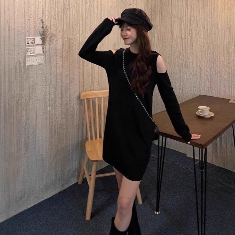 【dress】オープンショルダーニットワンピース Q7576