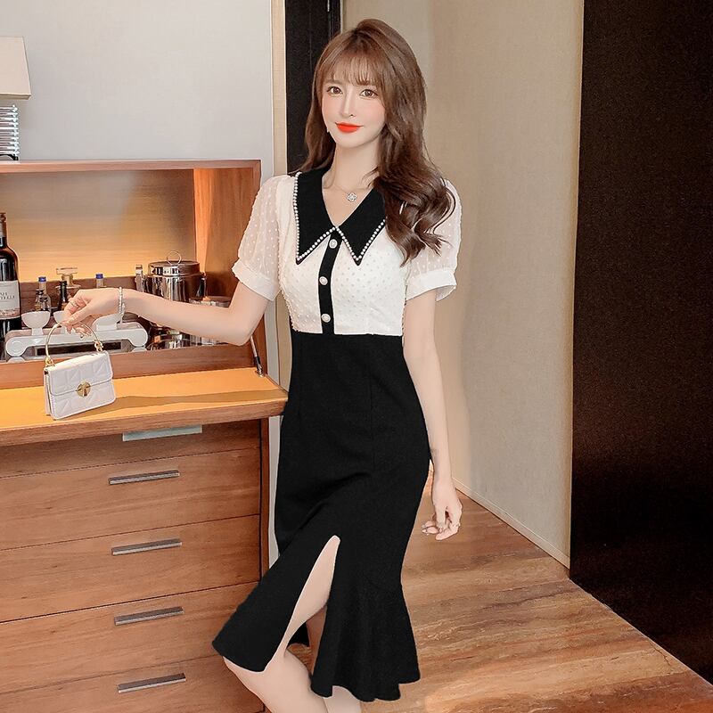 【dress】気質満点スリットマーメイドドールカラーセーターパフスリーブワンピース