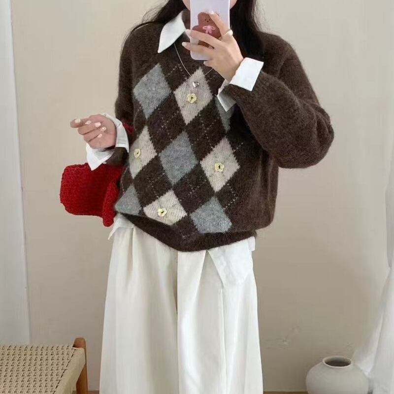 【tops】アーガイルチェックニットトップス Q7145