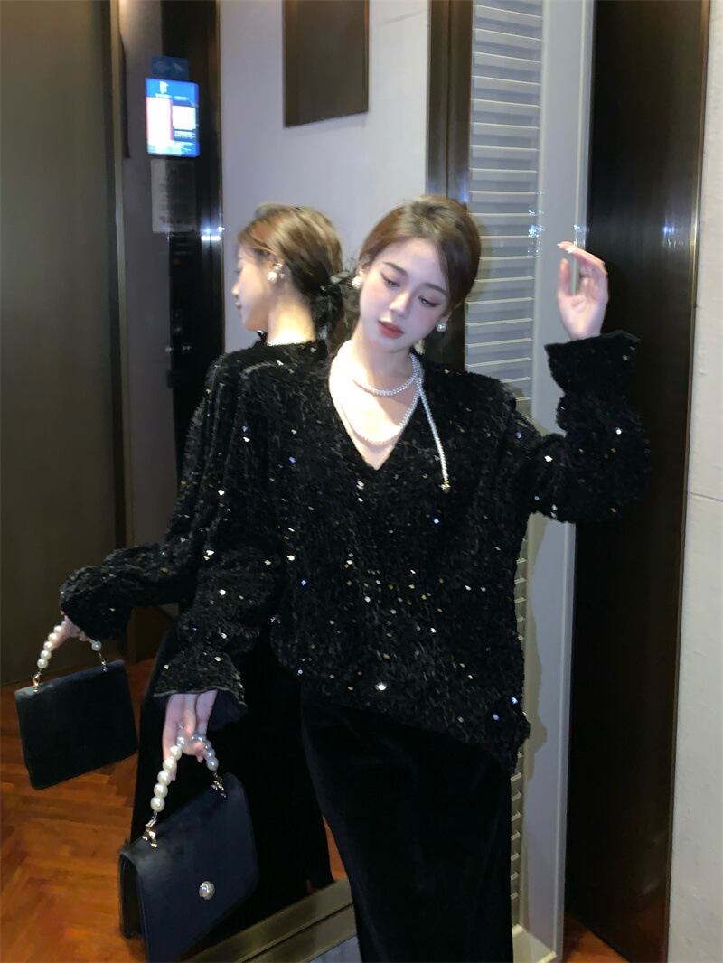 【tops】スパンコールVネックトップス　M28576