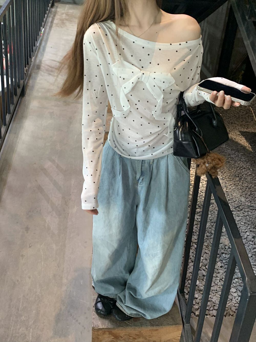 【tops】ドット柄長袖Tシャツ　M25262