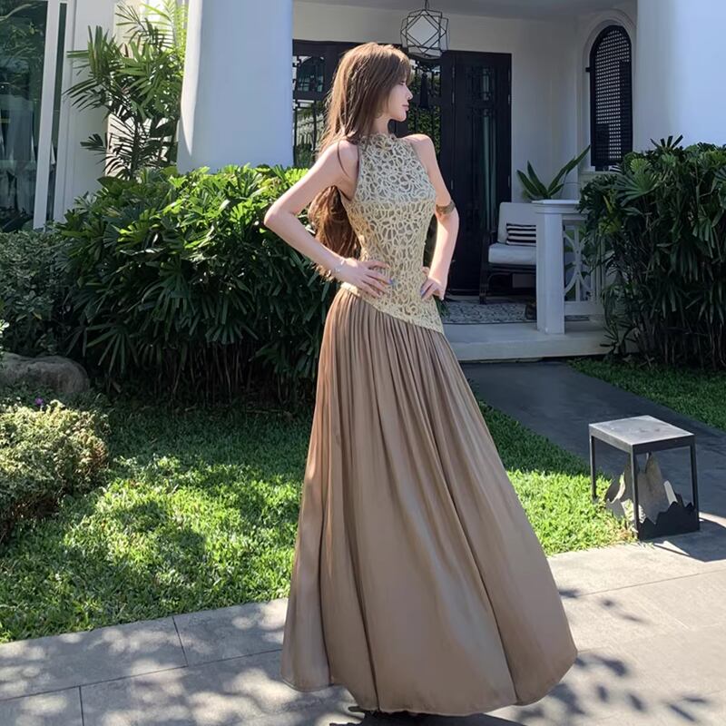 【dress】サテンドッキングノースリーブロングワンピース Q8045