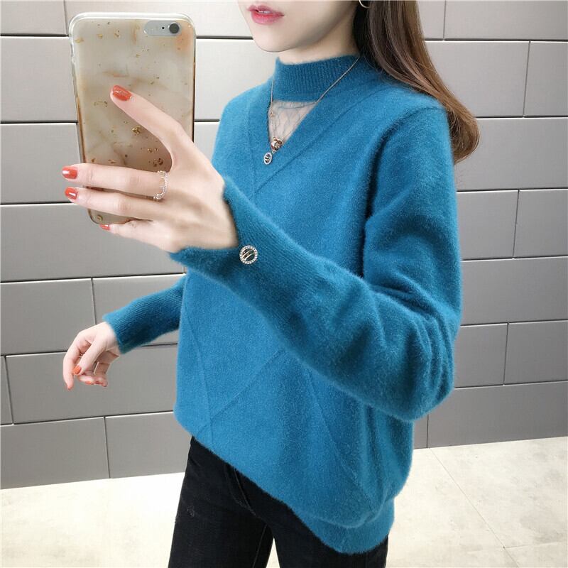 【tops】選べる5色！ハーフネック長袖メッシュ切り替え無地お洒落韓国風ニットセーターF0861