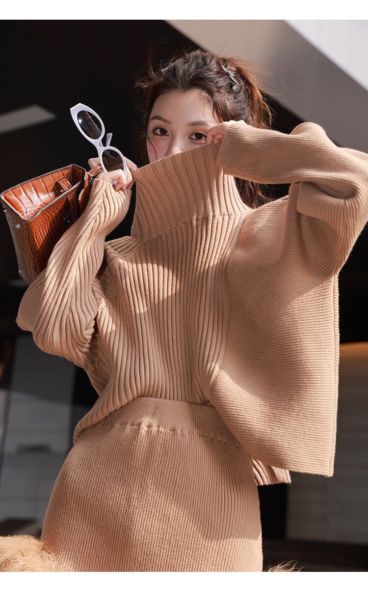 【set】ハイネックニットトップス×ファー付きスカートセット　N2100