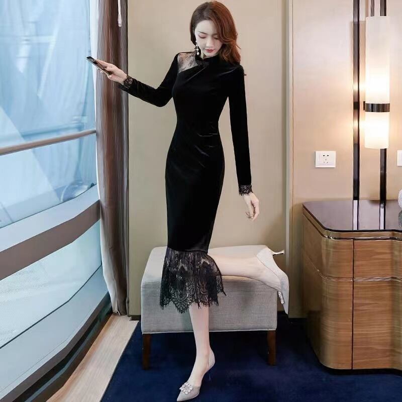 【dress】一目惚れ！長袖レース切り替え韓国ファッションOL通勤マーメイド無地ワンピースF1551