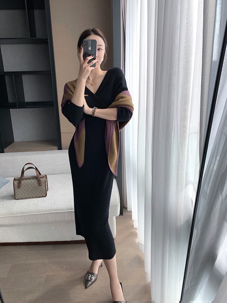 【dress】好感度UP韓国ファッション秋冬新作Vネック長袖無地体型カバーニットワンピースF1158