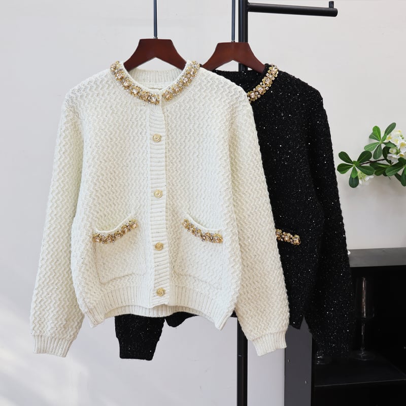 【outer】ラメ入りラインストーン付きニットカーディガン Q7326