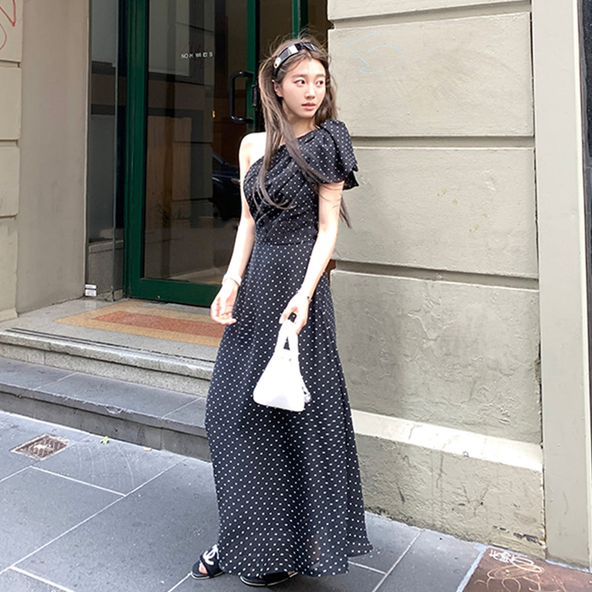 【dress】ワンショルダーリボンドット柄ワンピース　N3045