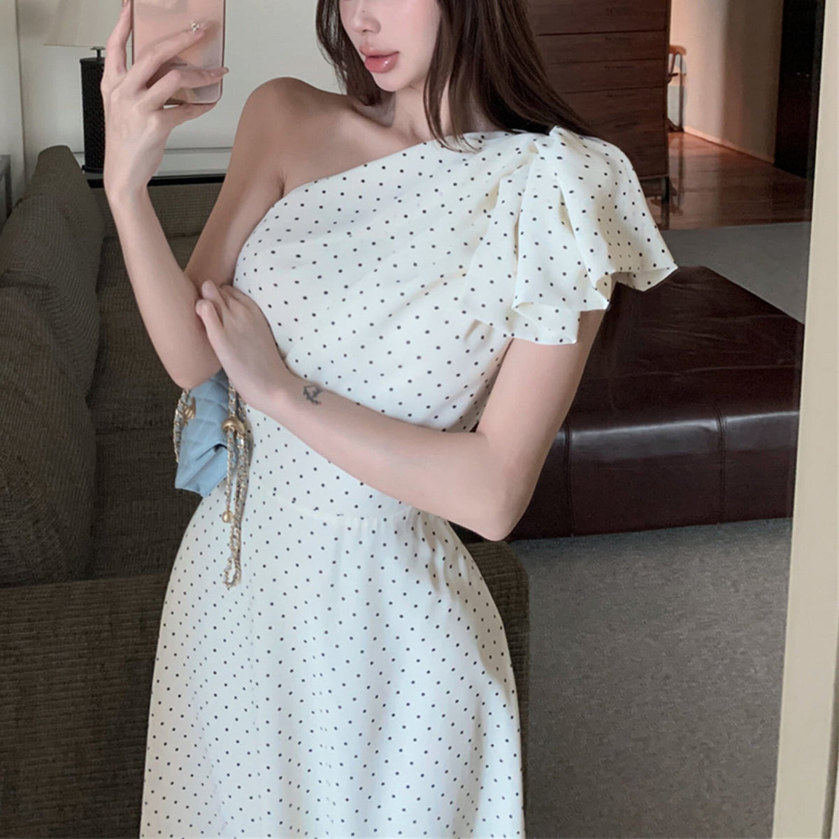 【dress】ワンショルダーリボンドット柄ワンピース　N3045