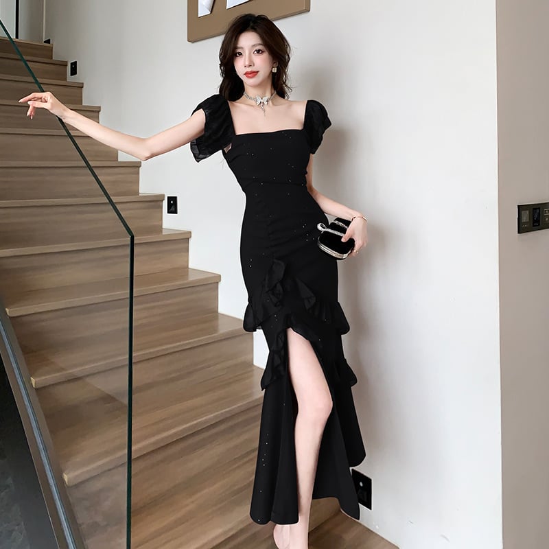 【dress】フリル不規則スリットワンピース G20665