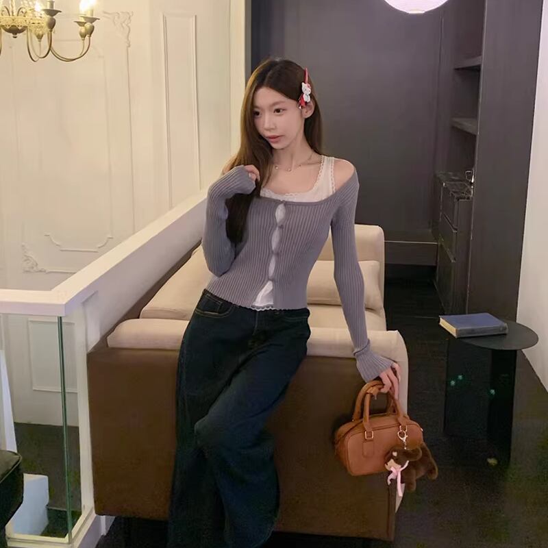 【tops】フェイクレイヤードニットトップス Q8152