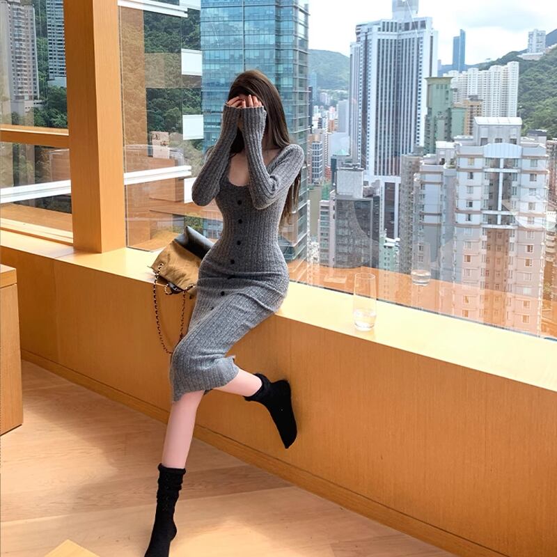 【dress】スクエアネックニットワンピース Q7184