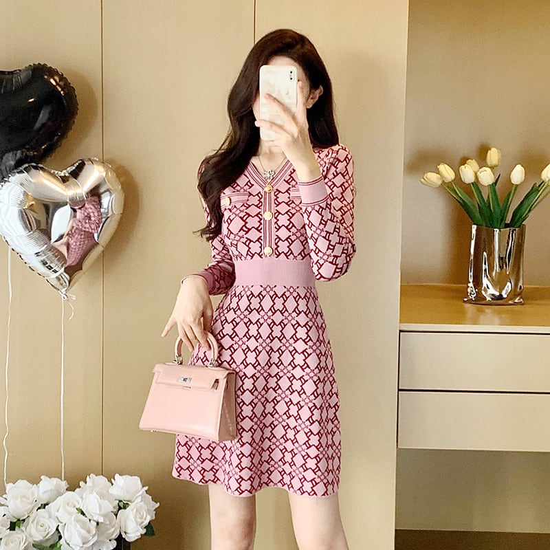 【dress】Vネックニットワンピース　M28425