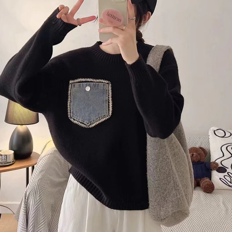 【tops】デニムポケット付きセーター Q6370