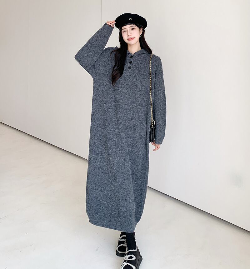 【dress】フード付きロングニットワンピース　N2186