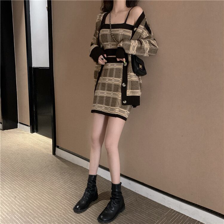 【set】好感度UP!気質満点スウィートカーディガン+キャミソール+スカートオシャレ3点セット G2816