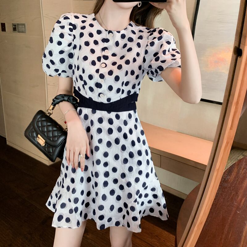 【dress】高級感好感度UP!気質満点パフスリーブドット柄透かし彫りワンピース G0257