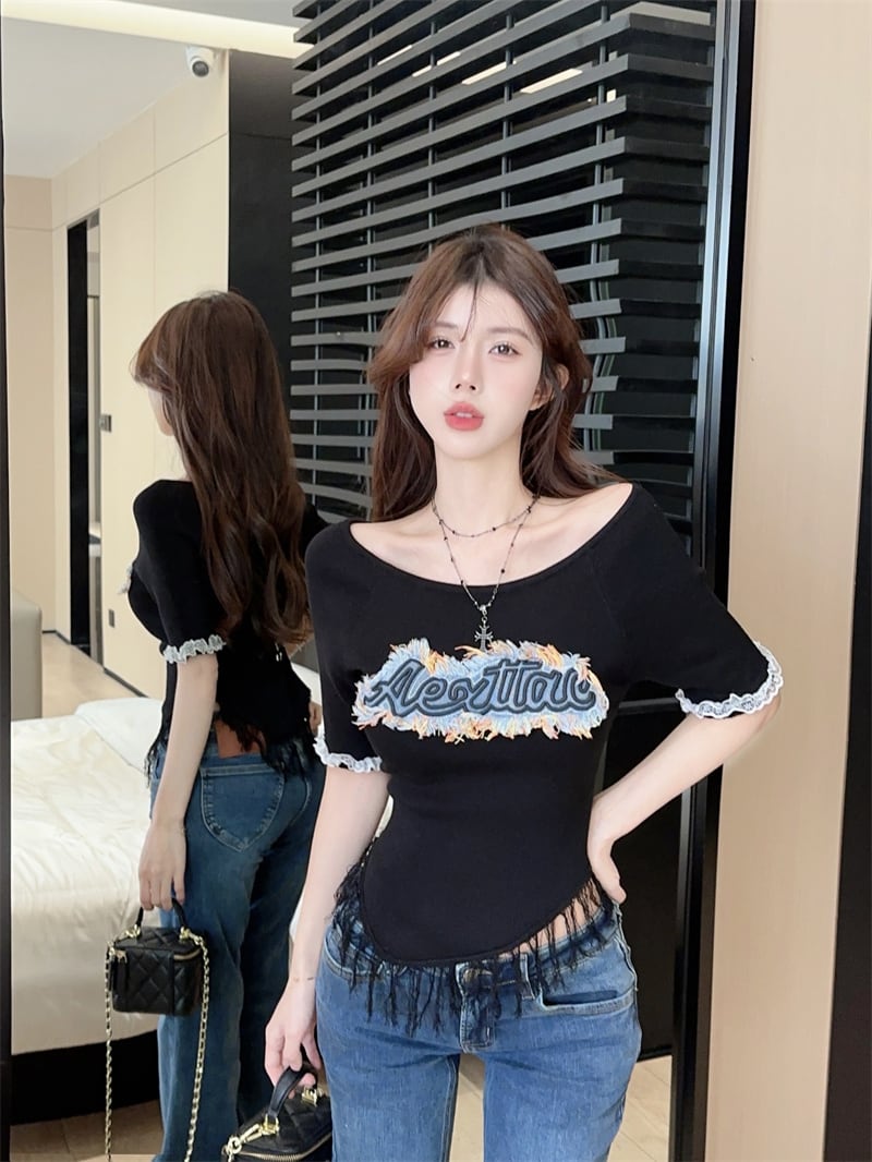 【tops】フリンジニットTシャツトップスG21341