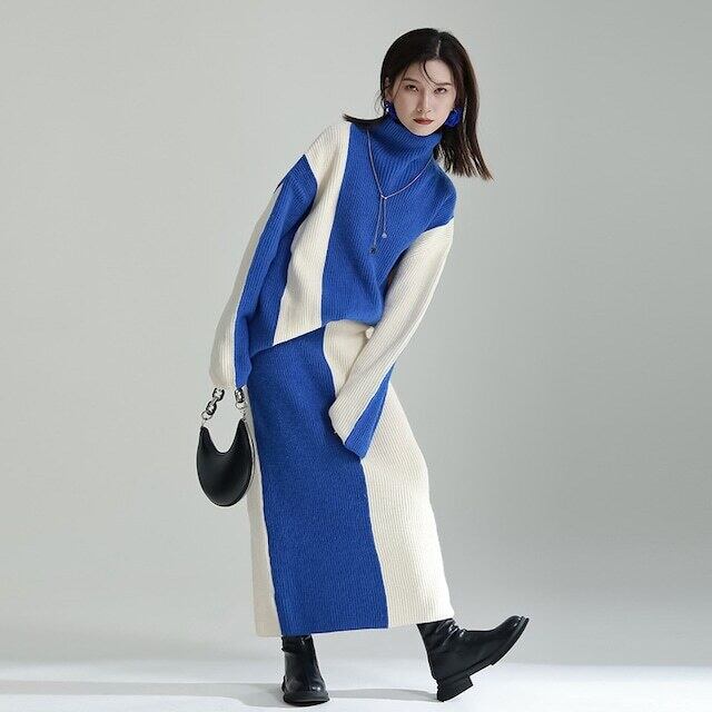 【set】ハイネックセーター+スカート配色２点セット F6295