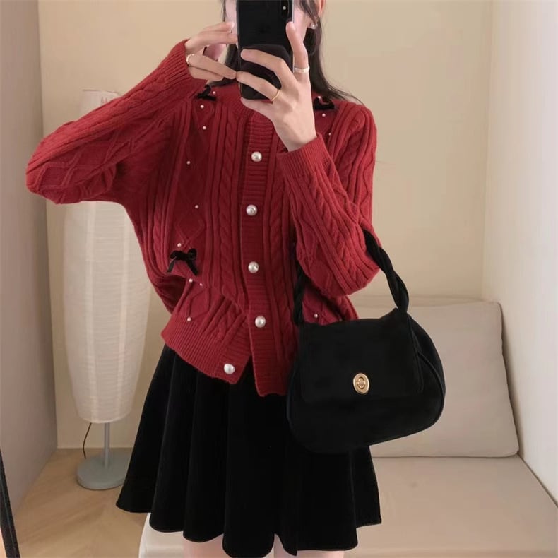 【outer】リボン付きパールニットカーデ　M25848
