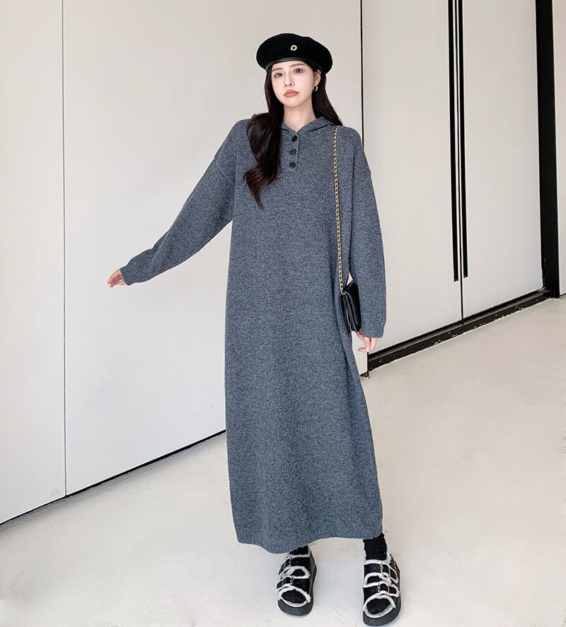 【dress】フード付きロングニットワンピース　N2186