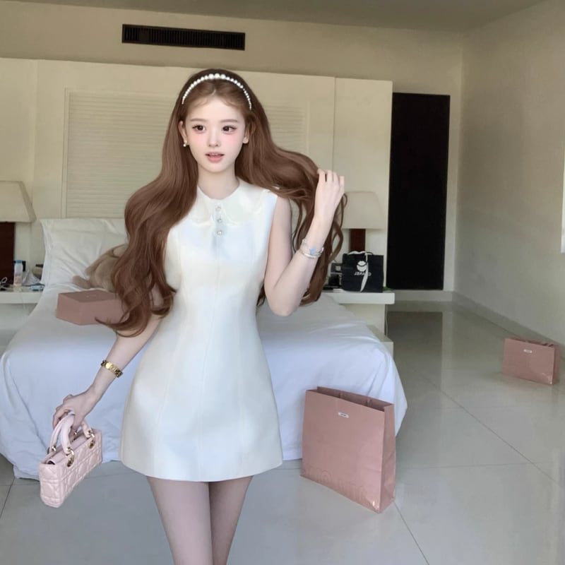 【dress】バックリボンレースドッキングミニワンピース Q8390