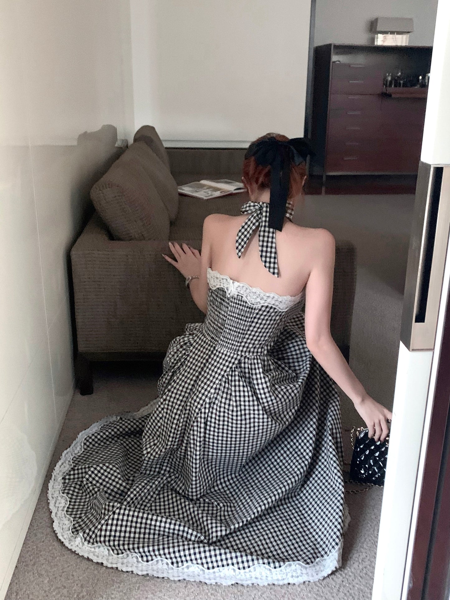 【dress】レース切り替えバックリボンチェック柄ワンピースF7789