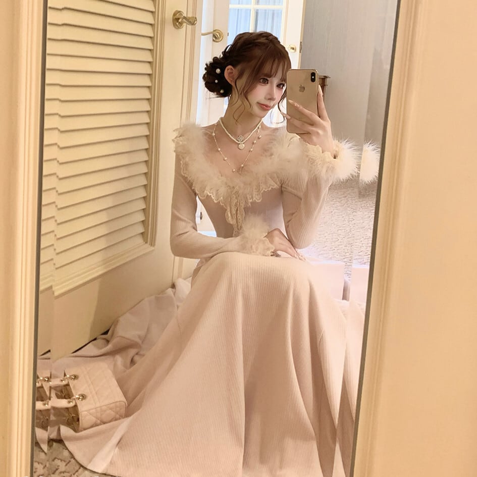 【dress】ファーレースドッキングニットワンピース　N3464