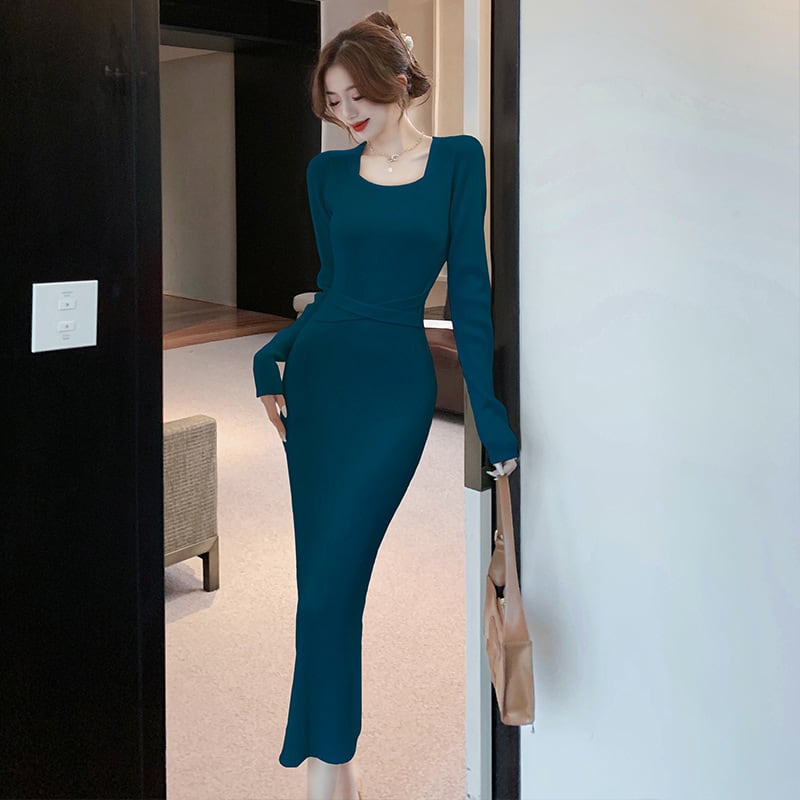 【dress】スクエアネックニットワンピース Q7577