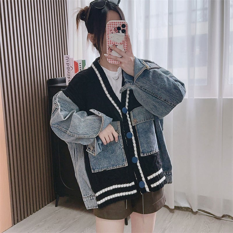 【outer】デニム切り替えニットカーデ　M25784