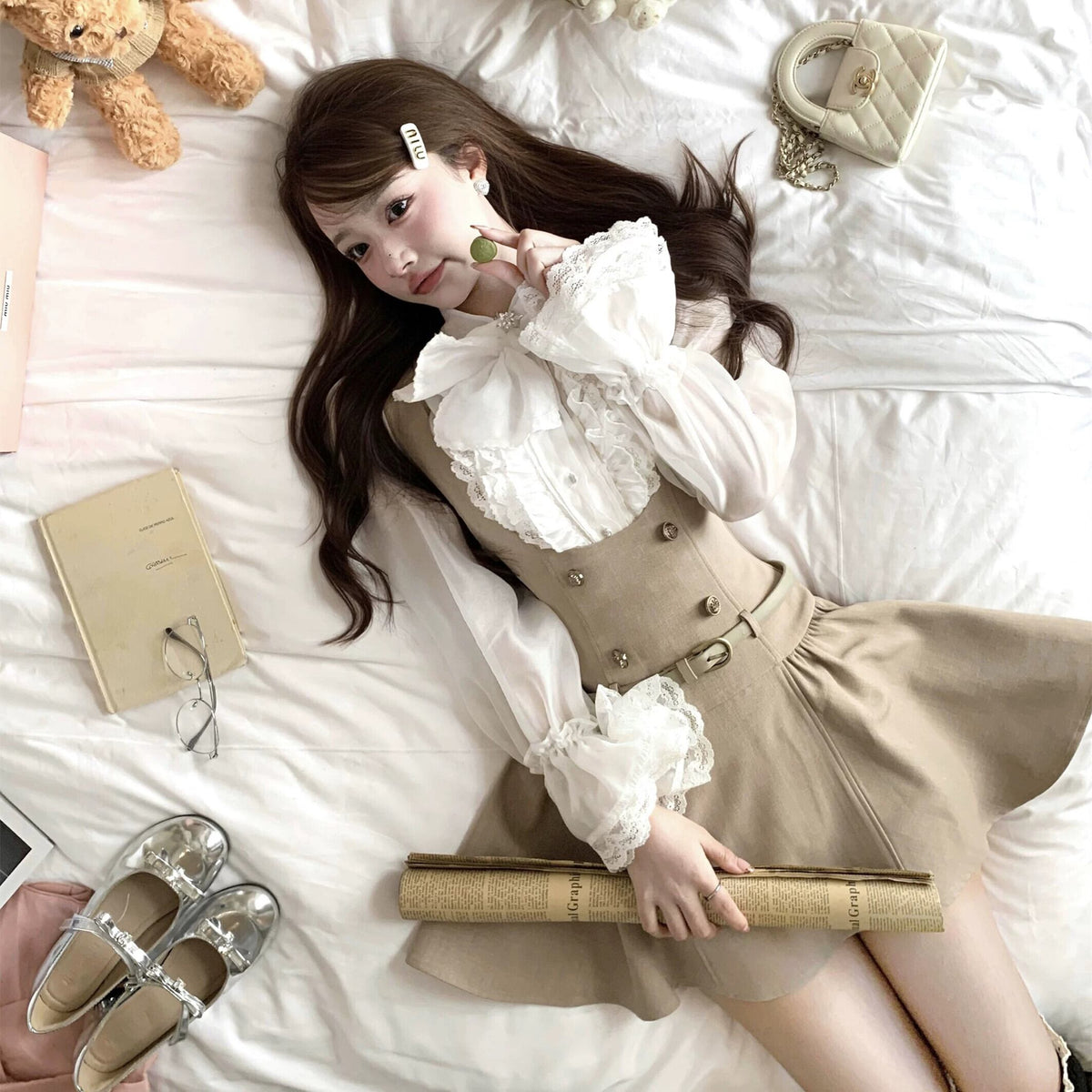 【set】フリルブラウス×サロペットスカートセット     N3295
