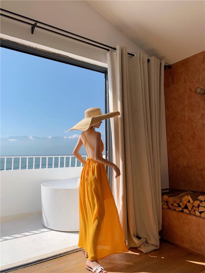 【dress】Vネック海旅行バックレスワンピースF7267