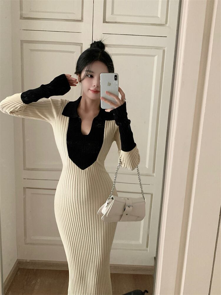 【dress】フェイクレイヤードニットワンピース Q7122