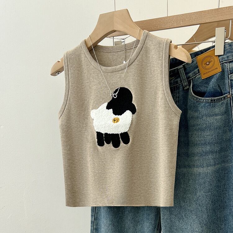 【tops】ラウンドネック動物柄ニットタンクトップF7303