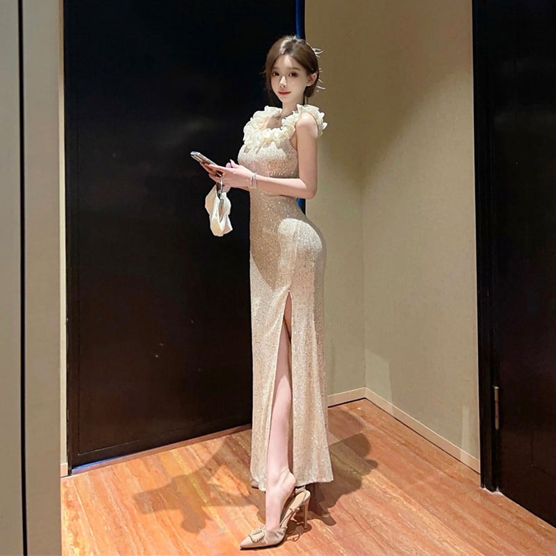 【dress】スパンコール付きオフショルダーロングワンピース Q8041