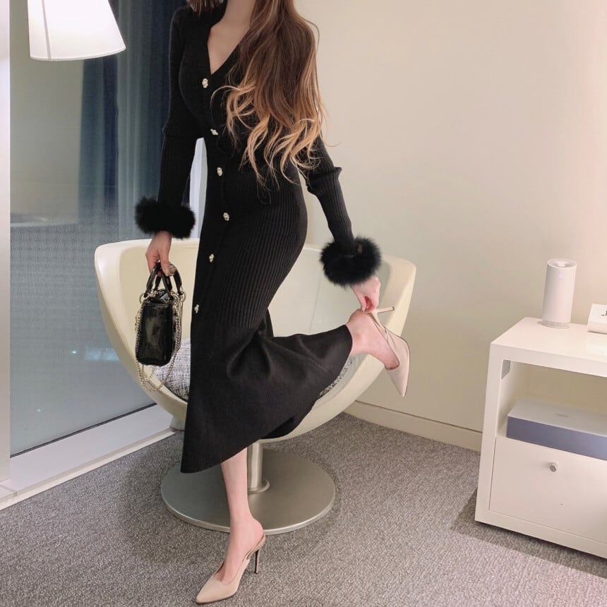 【dress】袖ファー マーメイドニットワンピース　M26156
