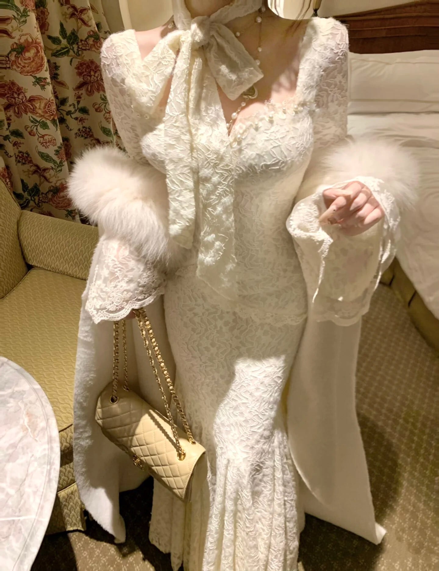 【dress】ベルスリーブマーメイドレースワンピース　N3499
