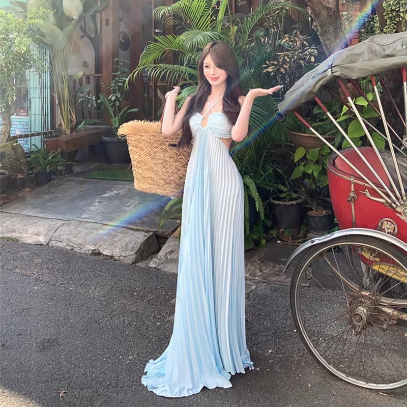 【dress】ホルターネックバックオーポンロングプリーツワンピース Q8371