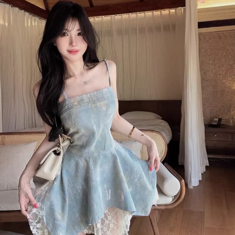 【dress】レースドッキングデニムキャミワンピース Q8340