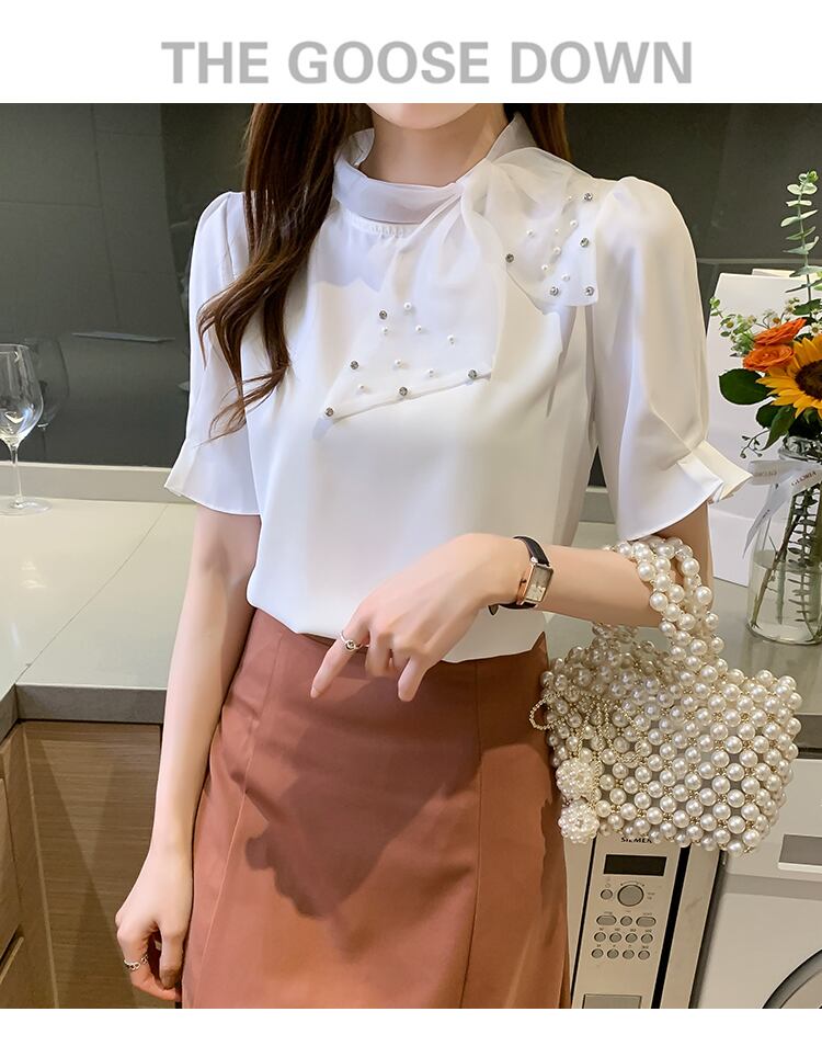 【tops】美人度アップ!スウィートリボンルーズシフォンパフスリーブフランス風シャツ G6683